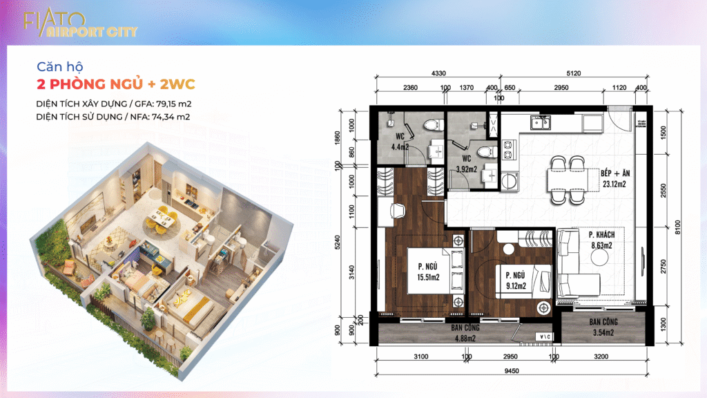 Căn hộ 2 PHÒNG NGỦ + 2 WC dự án Fiato Airport City