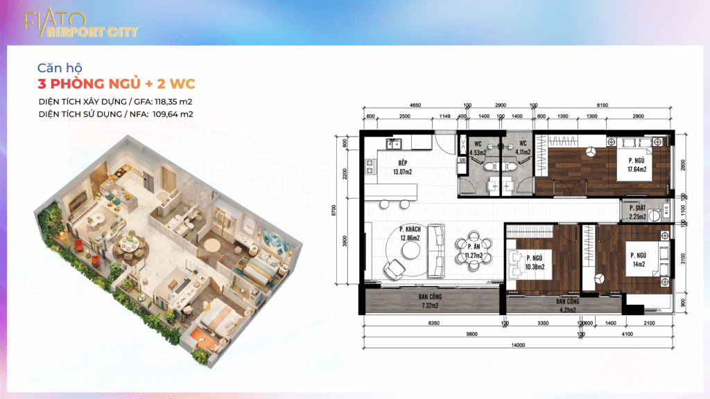 Căn hộ 3 PHÒNG NGỦ + 2 WC dự án Fiato Airport City